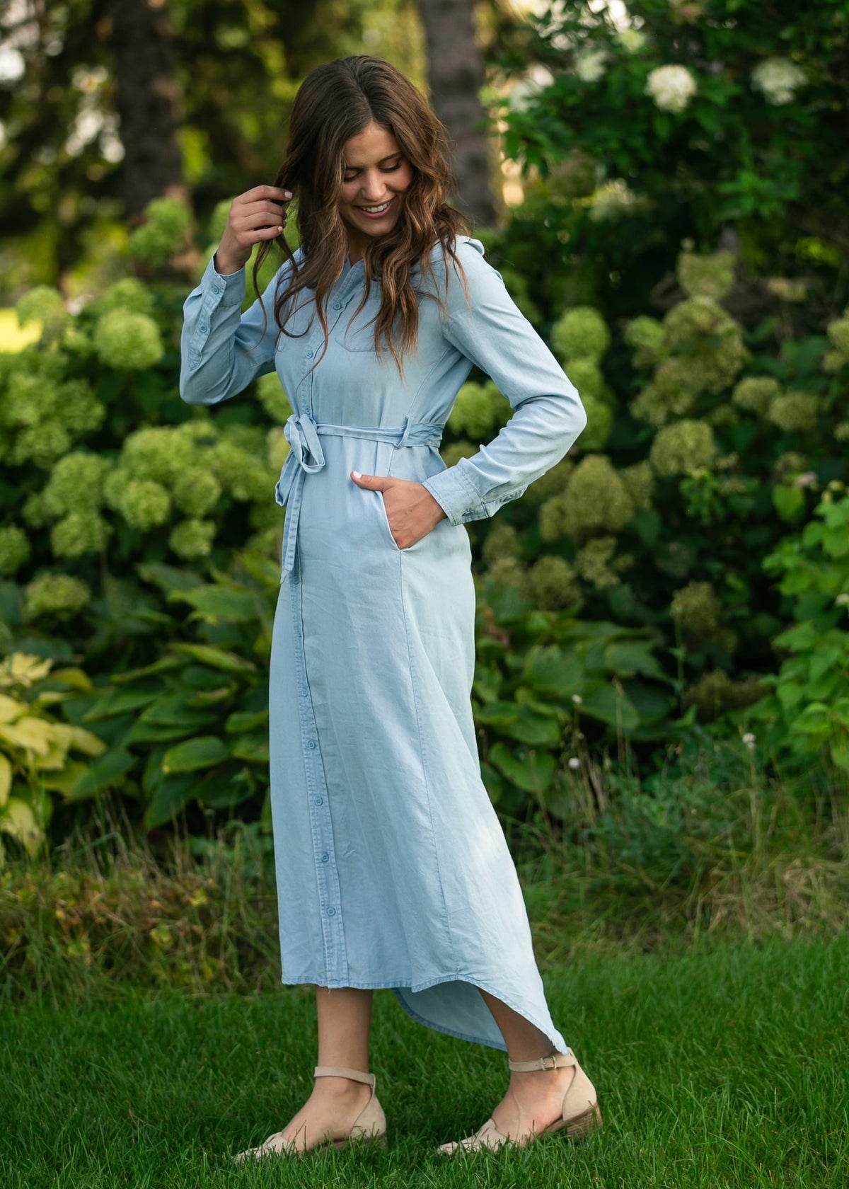 Vestido de manga larga Chambray color avellana