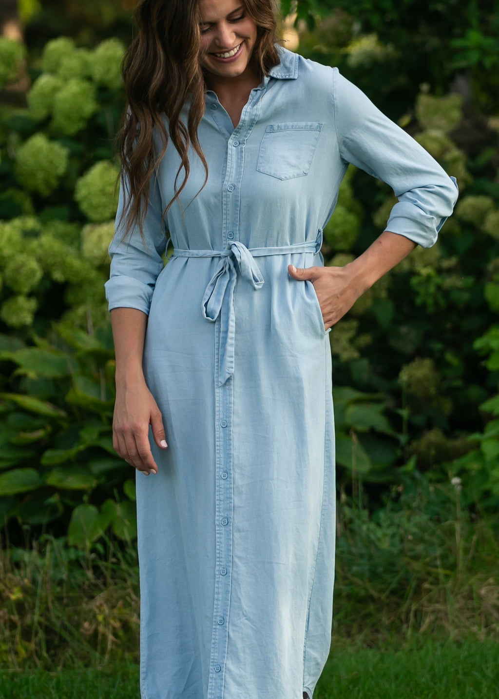 Vestido de manga larga Chambray color avellana