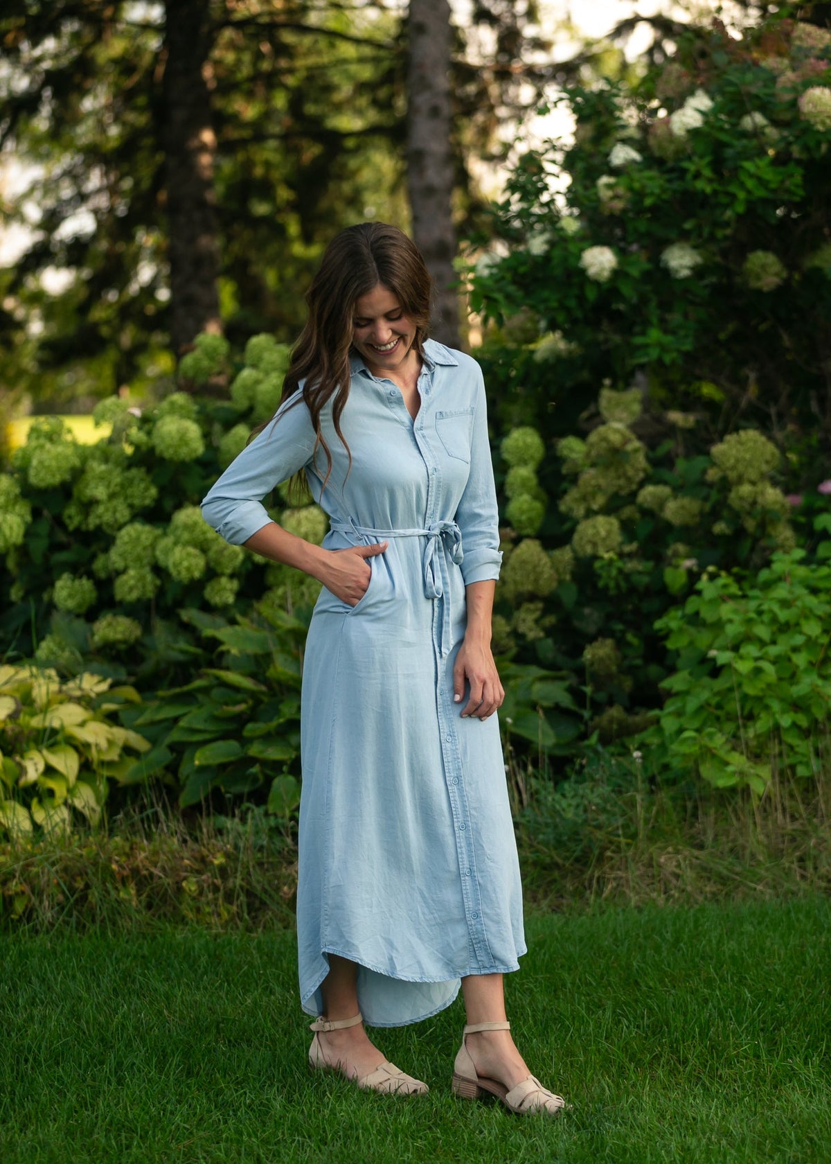 Vestido de manga larga Chambray color avellana