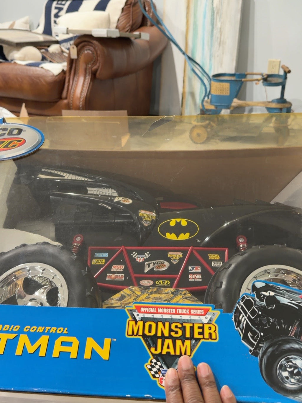 Closeup of Batman monster truck through package window
